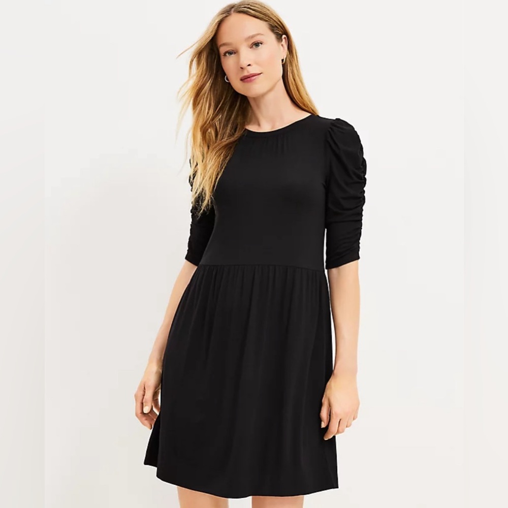 NWT Loft Shirred Sleeve Swing Dress, Small, Black